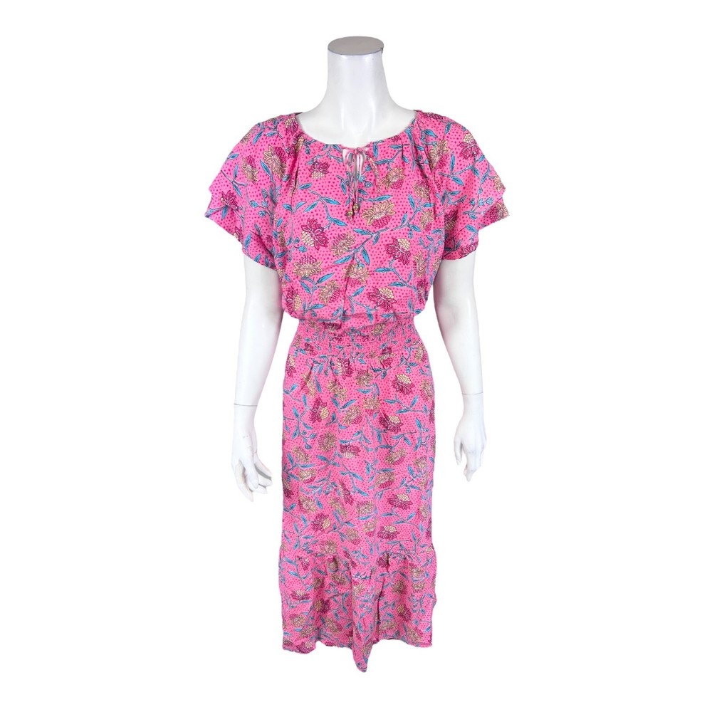 Destination 365 Regular Print Short-Sleeve Midi Dress with Smocking X-Small Size